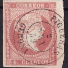 Sellos: ESPAÑA, 1858 EDIFIL Nº 48, 4 C. ROJO, BORDE DE HOJA, [MAT. FECHADOR. FIGUERAS / GERONA.]