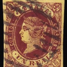 Sellos: ESPAÑA, 1862 EDIFIL Nº 61A, 1 R CASTAÑO S. AMARILLO ORO, [PARRILLA SIN CIFRA.]