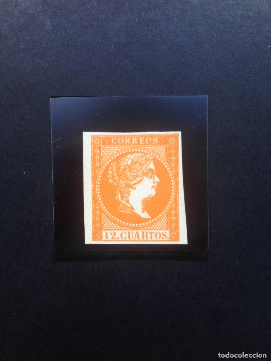 Sellos: ESPAÑA. AÑO 1859. ISABEL II . 12 cuartos naranja oscuro. NE 1A