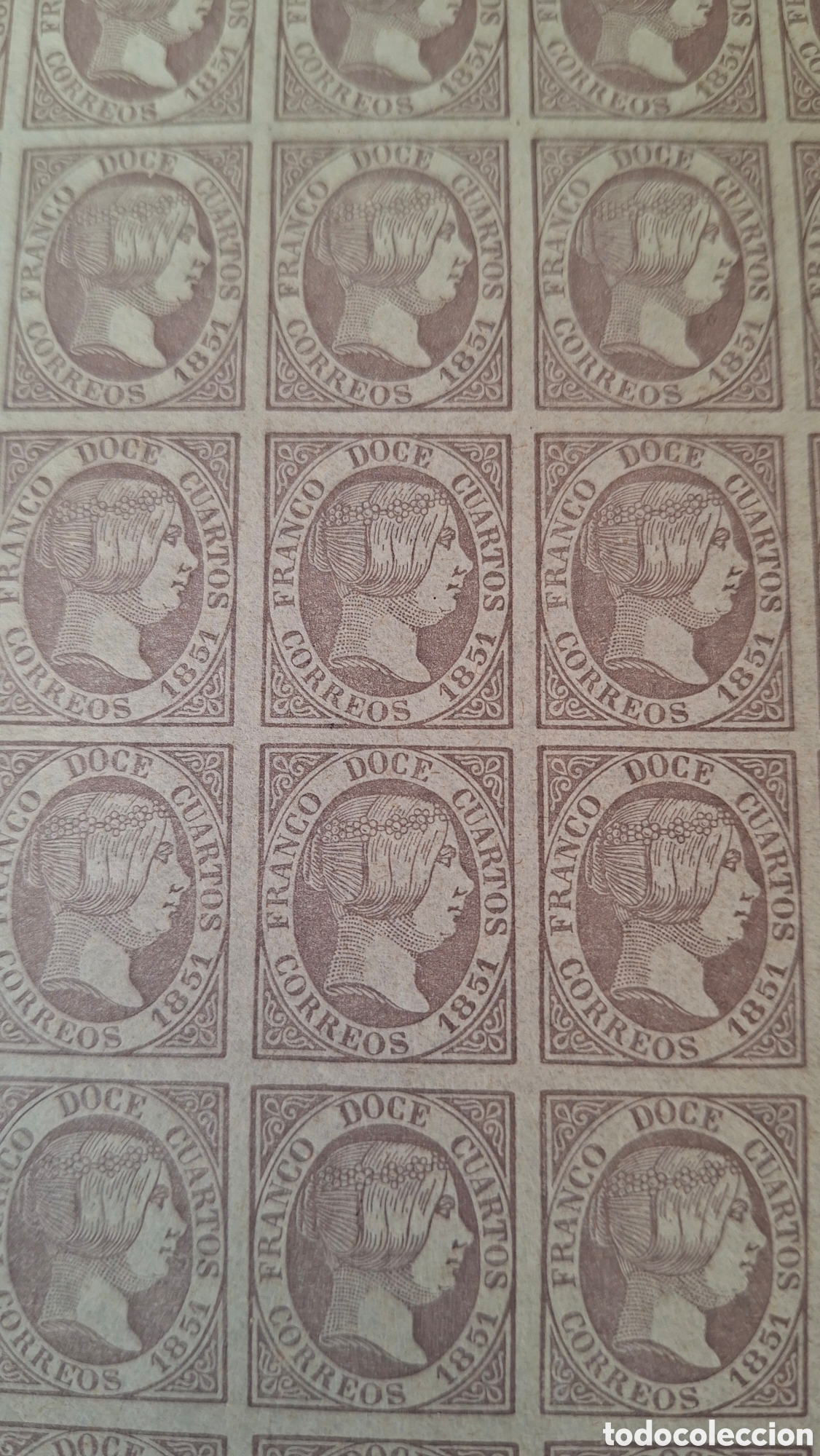 Stamps: Espa&ntilde;a pliego de 100 sellos isabel II 12 cu falso filatelico
