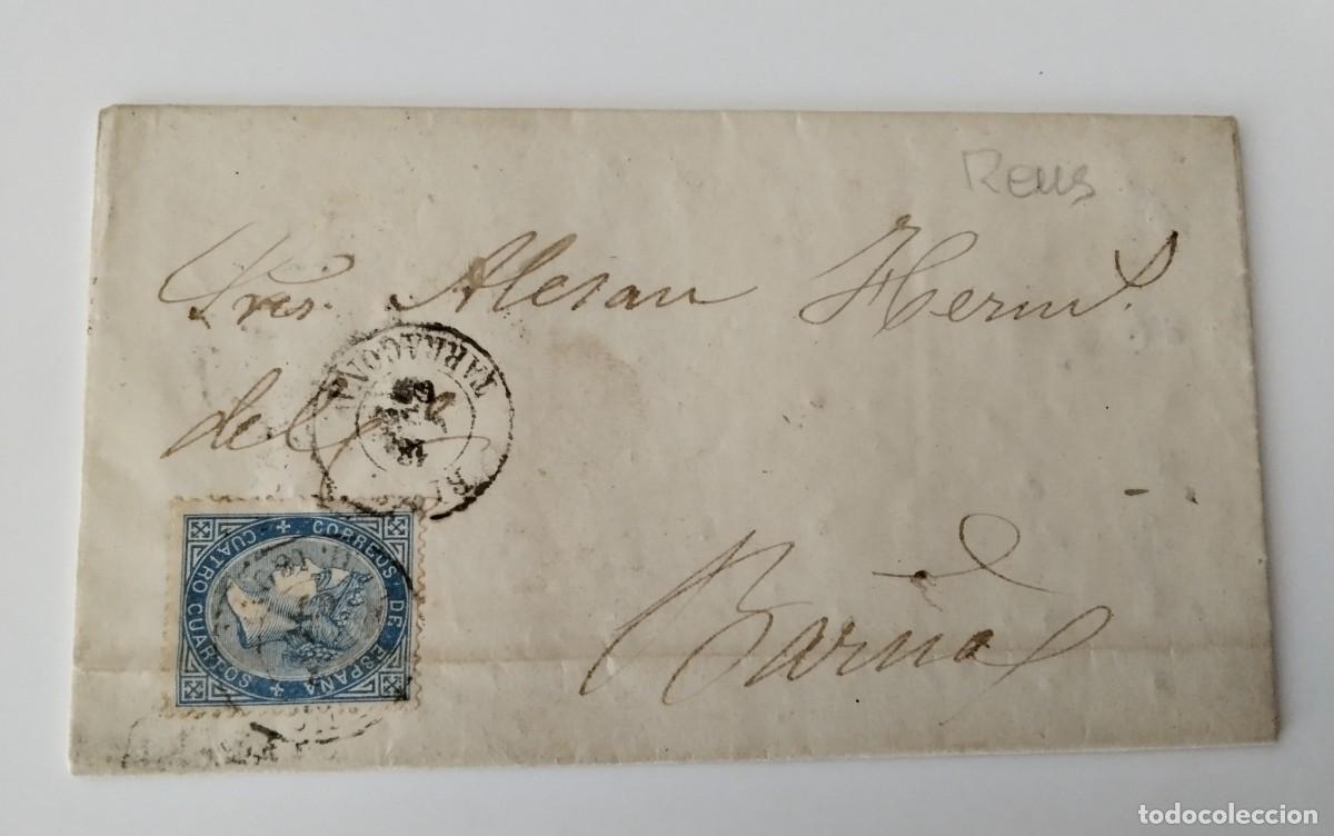 Sellos: REUS, ENVUELTA CIRCULADA A BARCELONA A&Ntilde;O 1867 , FECHADORES , SELLO DE ISABEL 2&ordf;