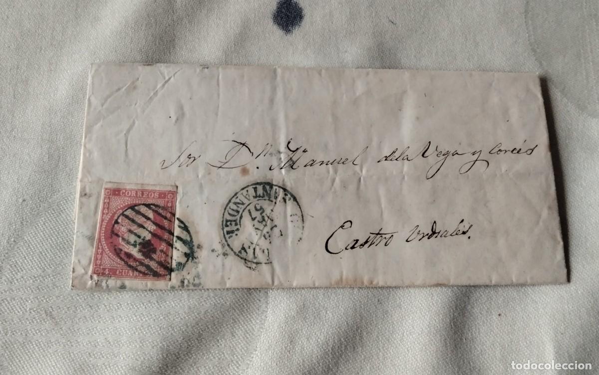 Sellos: CASTRO URDIALES , ENVUELTA CIRCULADA DESDE SANTANDER A&Ntilde;O 1857 , FECHADORES , SELLO DE ISABEL 2&ordf;