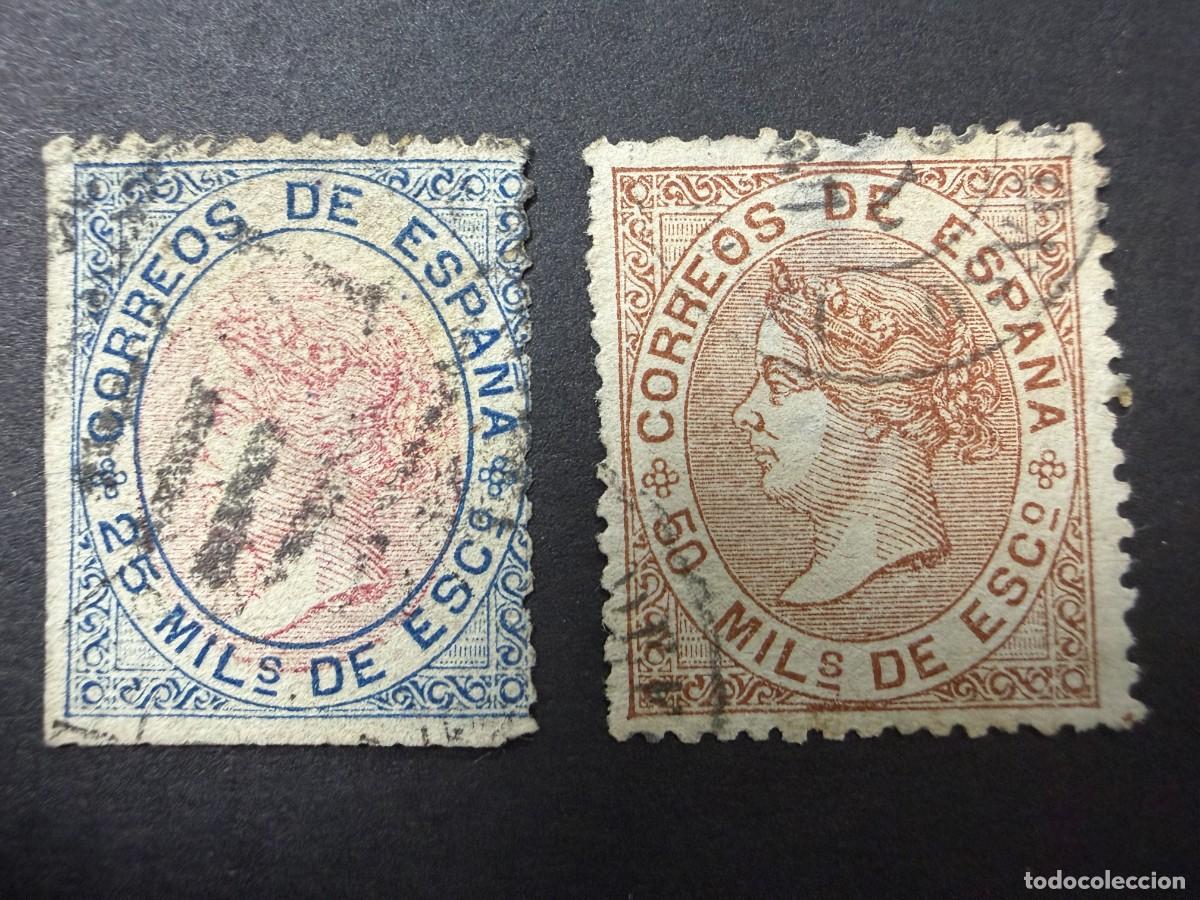 Sellos: ESPA&Ntilde;A, 1867. EDIFIL 95 Y 96. REINA ISABEL II. USADO.