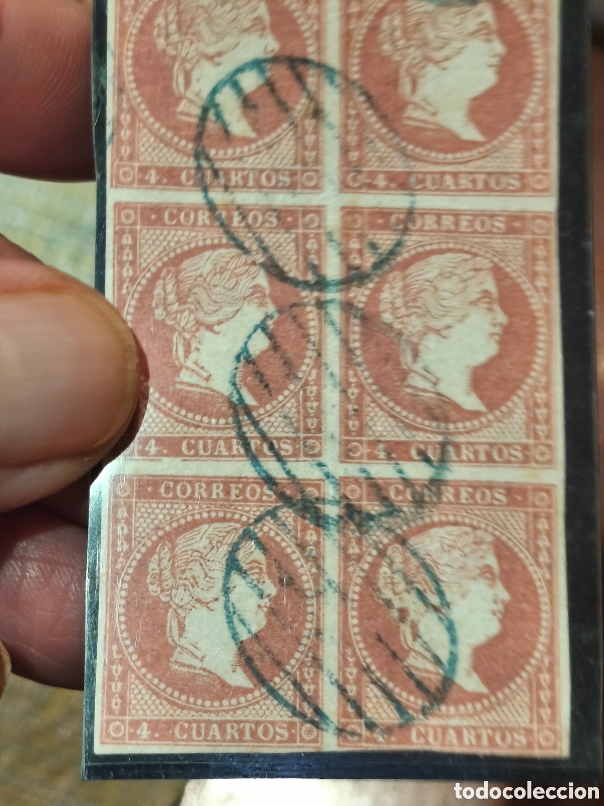 Sellos: Bloque de 6 sellos n 48 usado parrilla azul muy escasa 4 cuartos carm&iacute;n ver