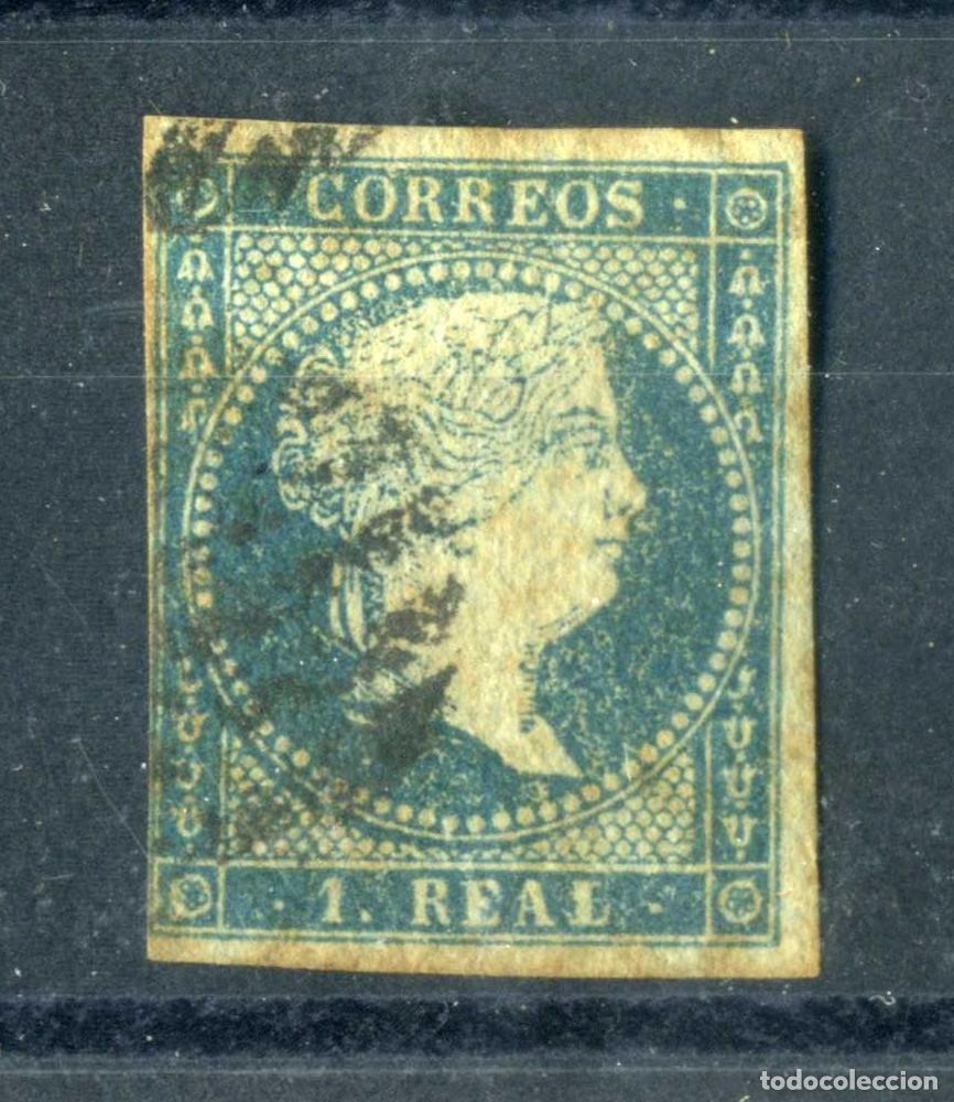 Sellos: XS- ISABEL II 1855 1 Real Papel Azulado Edifil 41