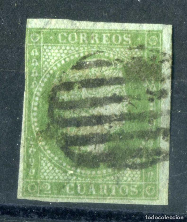 Sellos: XS- ISABEL II 1855 2 Cuartos verde Papel Azulado Edifil 39