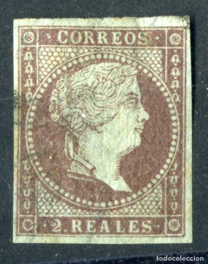 Sellos: XS- ISABEL II 1855 2 Reales violeta Papel Azulado Edifil 42