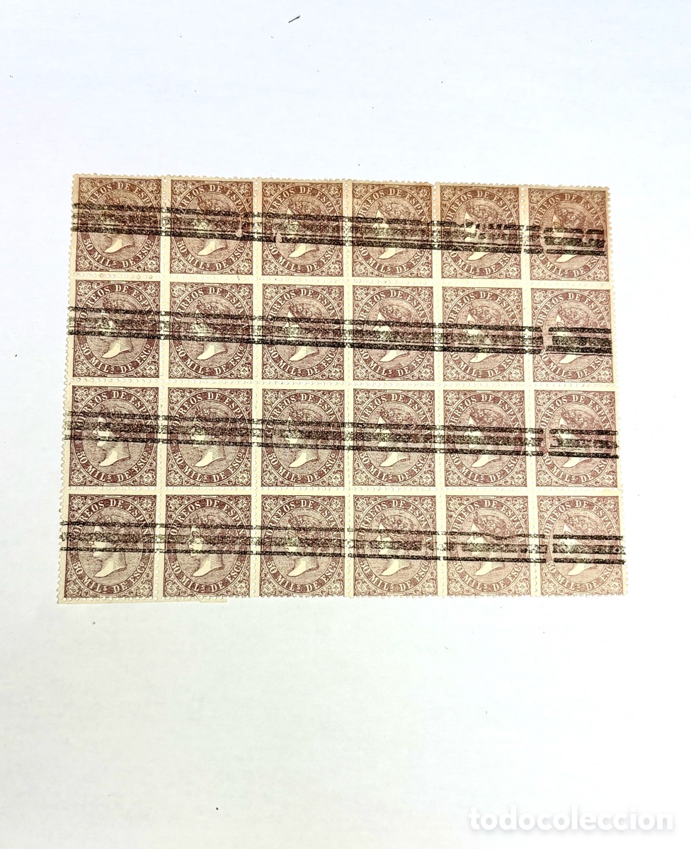Sellos: Espa&ntilde;a 1868 - Bloque de 24 sellos Isabel II - 50 Mil&eacute;simas Casta&ntilde;o - Edifil 98 Usado