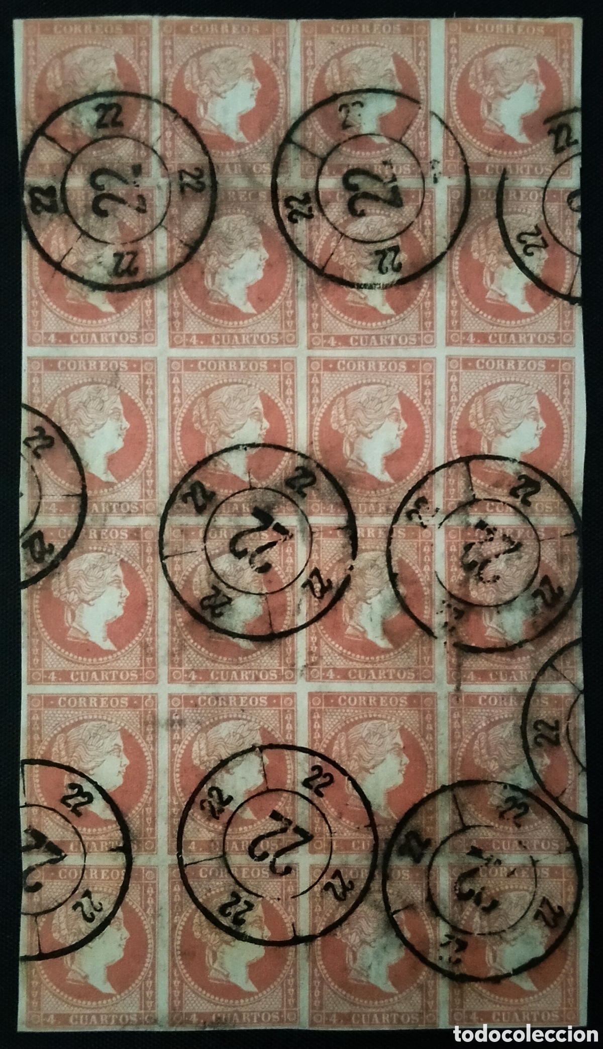 Sellos: ESPA&Ntilde;A. (Cat. 48 (24)). o 4 Ctos. BLOQUE de 24 SELLOS. Mat. RUEDA DE CARRETA n&deg; 22 de C&Aacute;CERES. LUJO