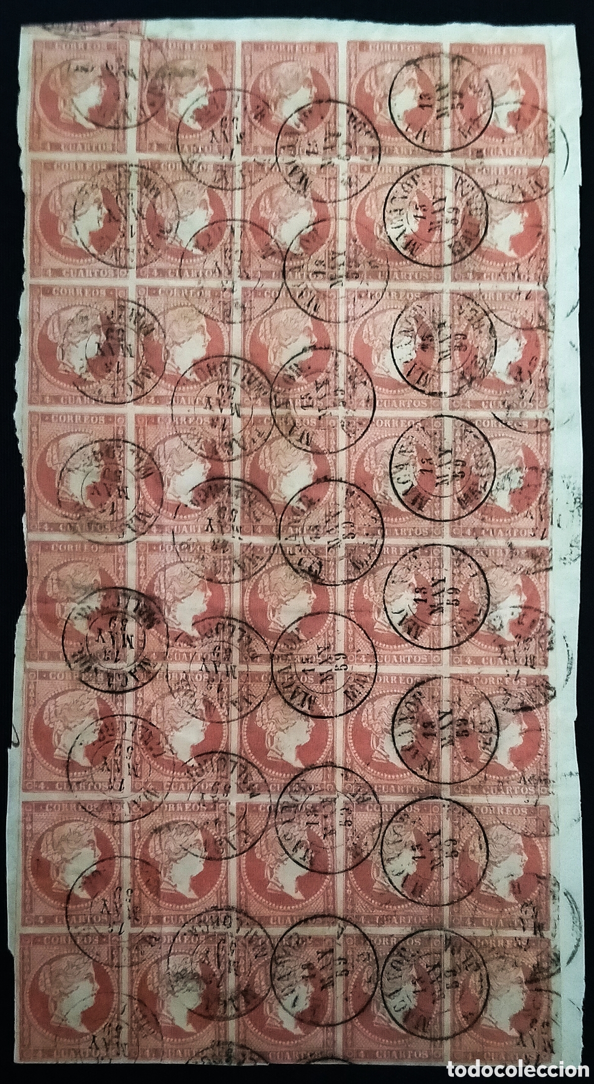 Sellos: ESPA&Ntilde;A. (Cat. 48 (40)). o 4 Ctos. S. Frag. GRAN BLOQUE de 40 SELLOS. Mat. ERROR *MACANOR/MALLORCA*