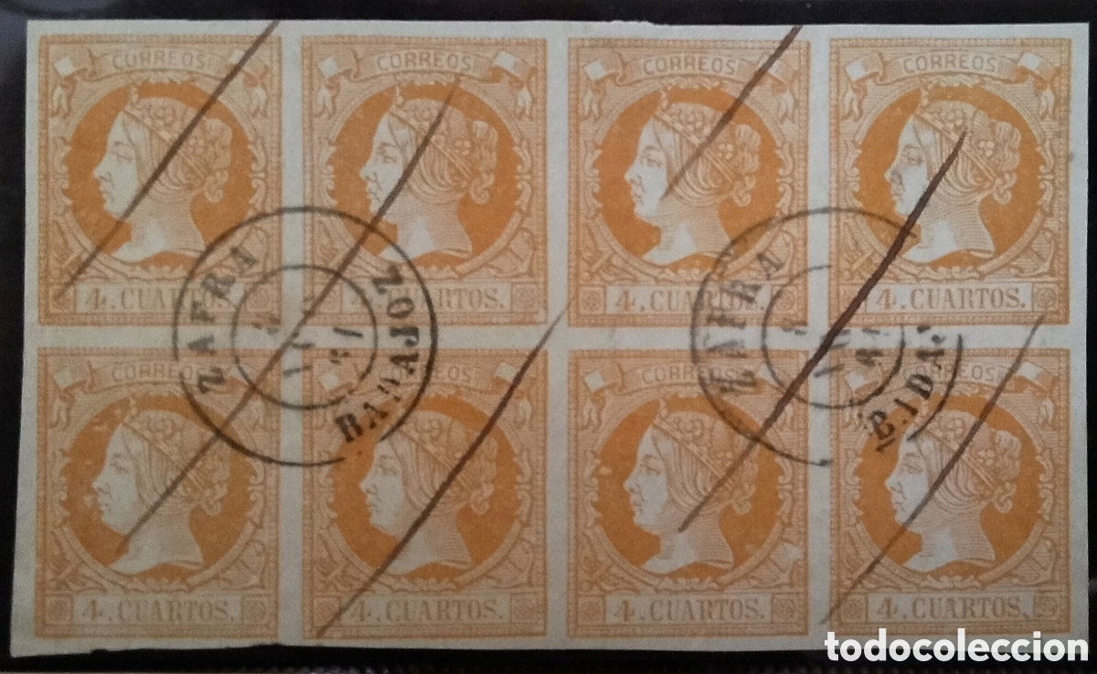 Sellos: ESPA&Ntilde;A (Cat. 52 (8)). o 4 Ctos. BLOQUE de 8 SELLOS. Mat. PLUMA y fechadores ZAFRA/BADAJOZ. MAGN&Iacute;FICO