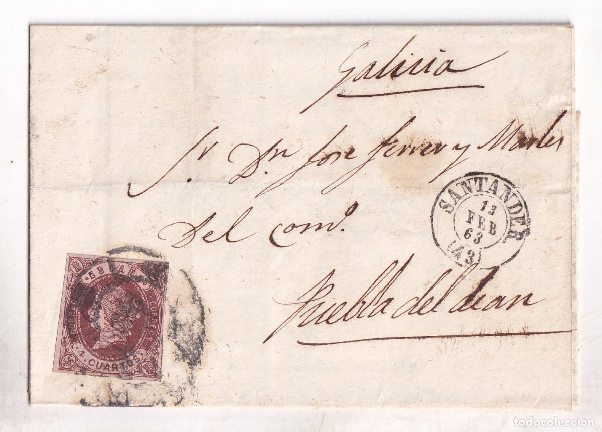 Sellos: CARTA ENTERA. SANTANDER. 1863. RUEDA DE CARRETA. A PUEBLA DEL DE&Aacute;N. GALICIA.