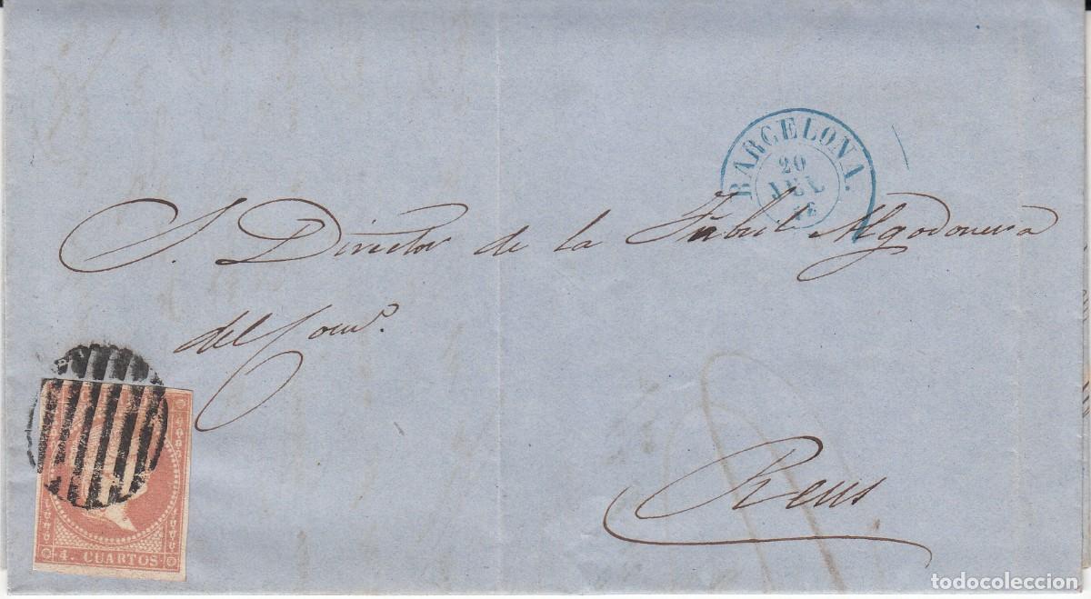 Sellos: 1858 - ISABEL II - CARTA COMPLETA DE BARCELONA DESTINO REUS CON MATASELLOS DE PARRILLA Y FECHD AZUL