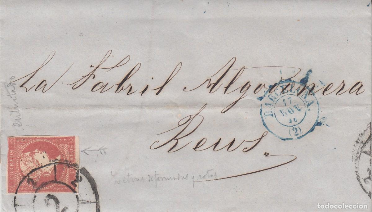 Sellos: 1858 - ISABEL II -NUM. 48 CARTA COMPLETA DE BARCELONA A REUS - RUEDA DE CARRETA Y FECHADOR AZUL