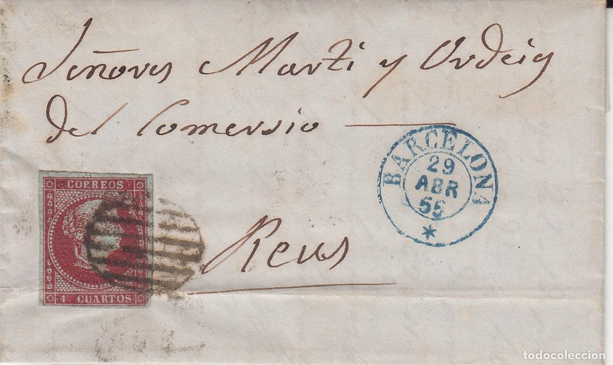 Sellos: 1855 - ISABEL II - NUM. 40 CARTA COMPLETA DE BARCELONA A REUS - PARRILLA Y FECHADOR AZUL