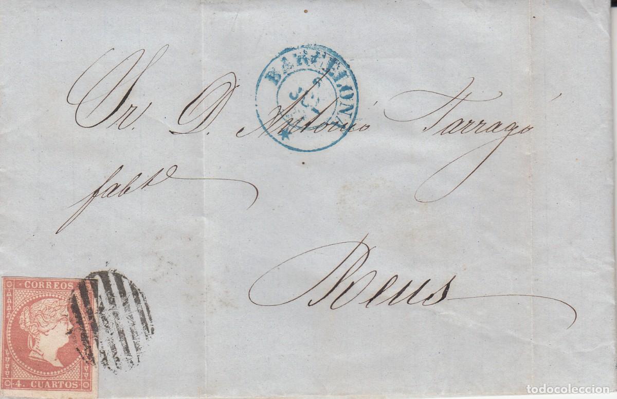 Sellos: 1857 - ISABEL II - NUM. 43 CARTA COMPLETA DE BARCELONA A REUS - PARRILLA Y FECHADOR AZUL