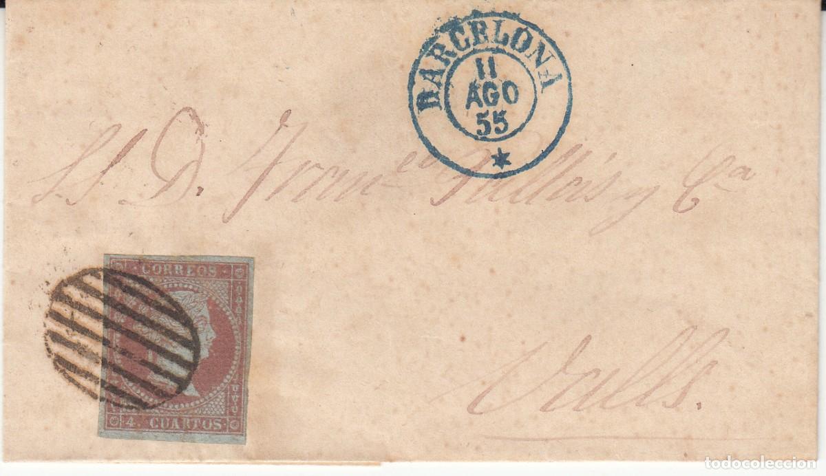 Sellos: 1855 - ISABEL II - NUM. 40 CARTA DE BARCELONA A VALLS - PARRILLA Y FECHADOR AZUL