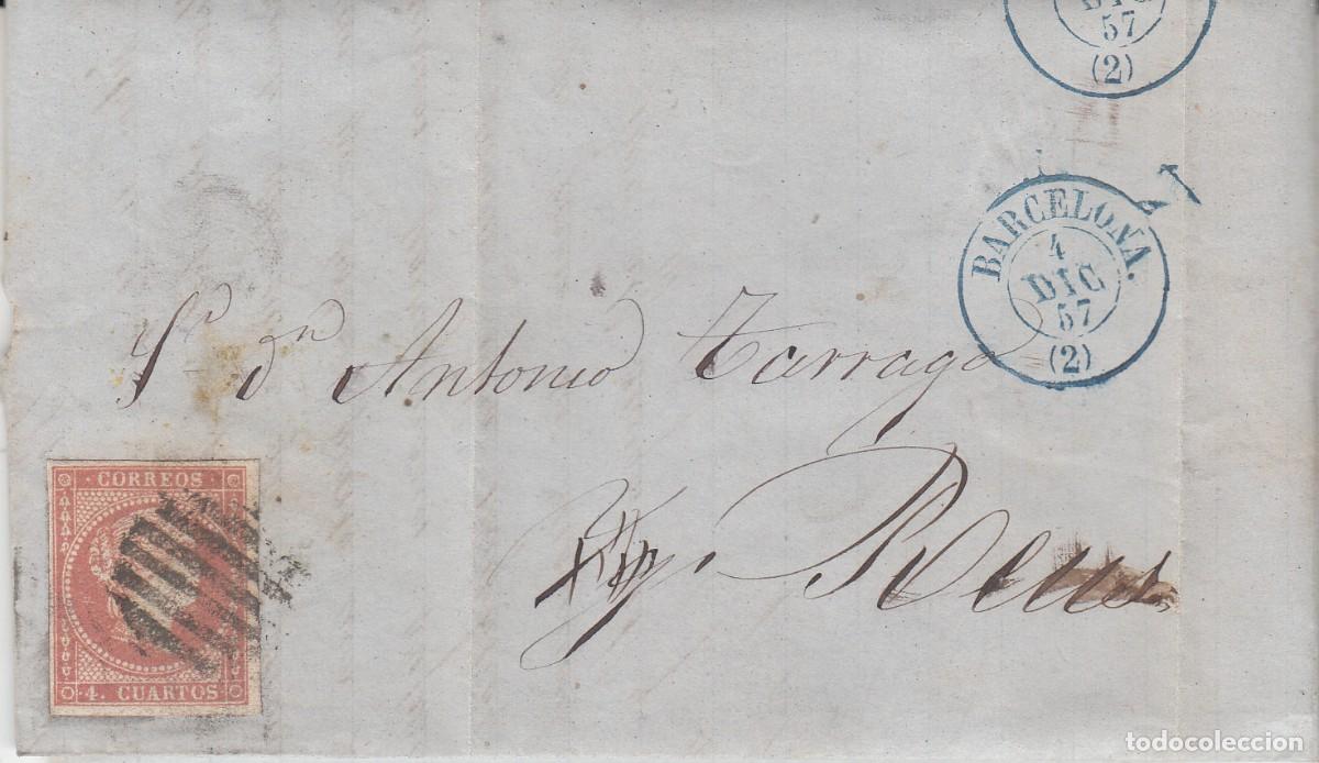 Sellos: 1857 - NUM. 48 CARTA COMPLETA DE VIDAL EN BARCELONA A REUS - PARRILLA Y FECHADOR AZUL