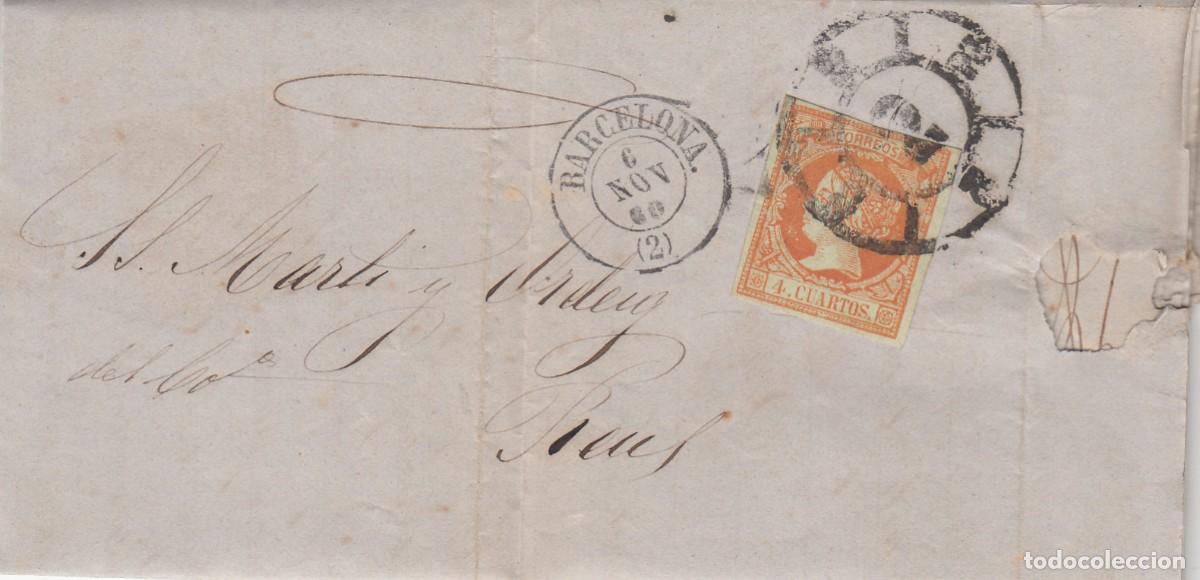 Sellos: 1860 - NUM. 52 CARTA COMPLETA DE ENRIQUE CASAS EN BARCELONA A REUS - RUEDA DE CARRETA Y FECHADOR