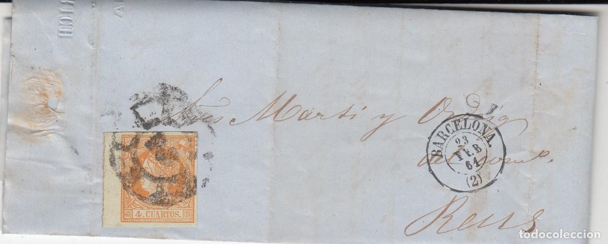 Sellos: 1861 - NUM. 52 - BORDE HOJACARTA DE LUIS PONS EN BARCELONA A REUS - RUEDA DE CARRETA Y FECHADOR