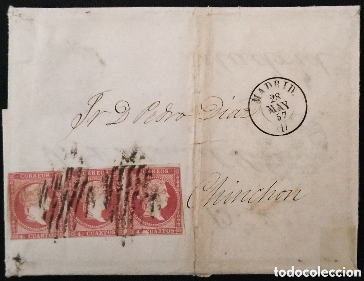 Sellos: ESPA&Ntilde;A (Cat. 48 (4)) 1857. Carta de MADRID a CHINCH&Oacute;N y de VILLAREJO a MADRID. REUTILIZADA. RAR&Iacute;SIMA