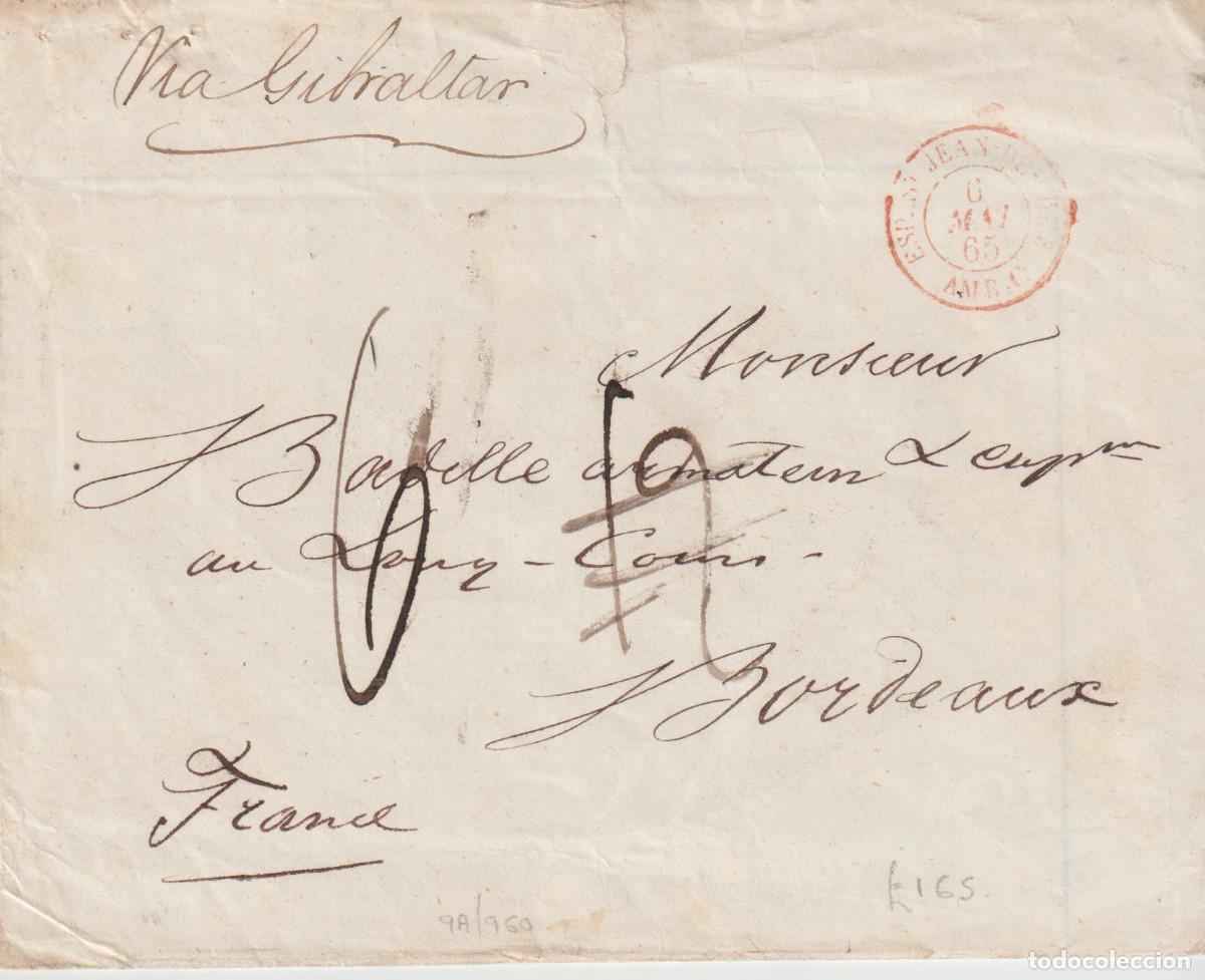 Sellos: 1865. Tenerife a Bordeaux. Por Gibraltar.