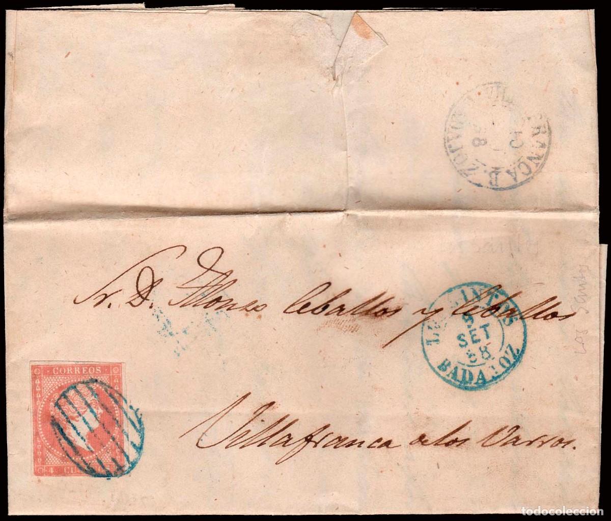 Sellos: Badajoz - Edi o 48 - Carta Mat Parrilla azul + Fech. Tp. I azul &rdquo;Los Santos&rdquo; en frontal