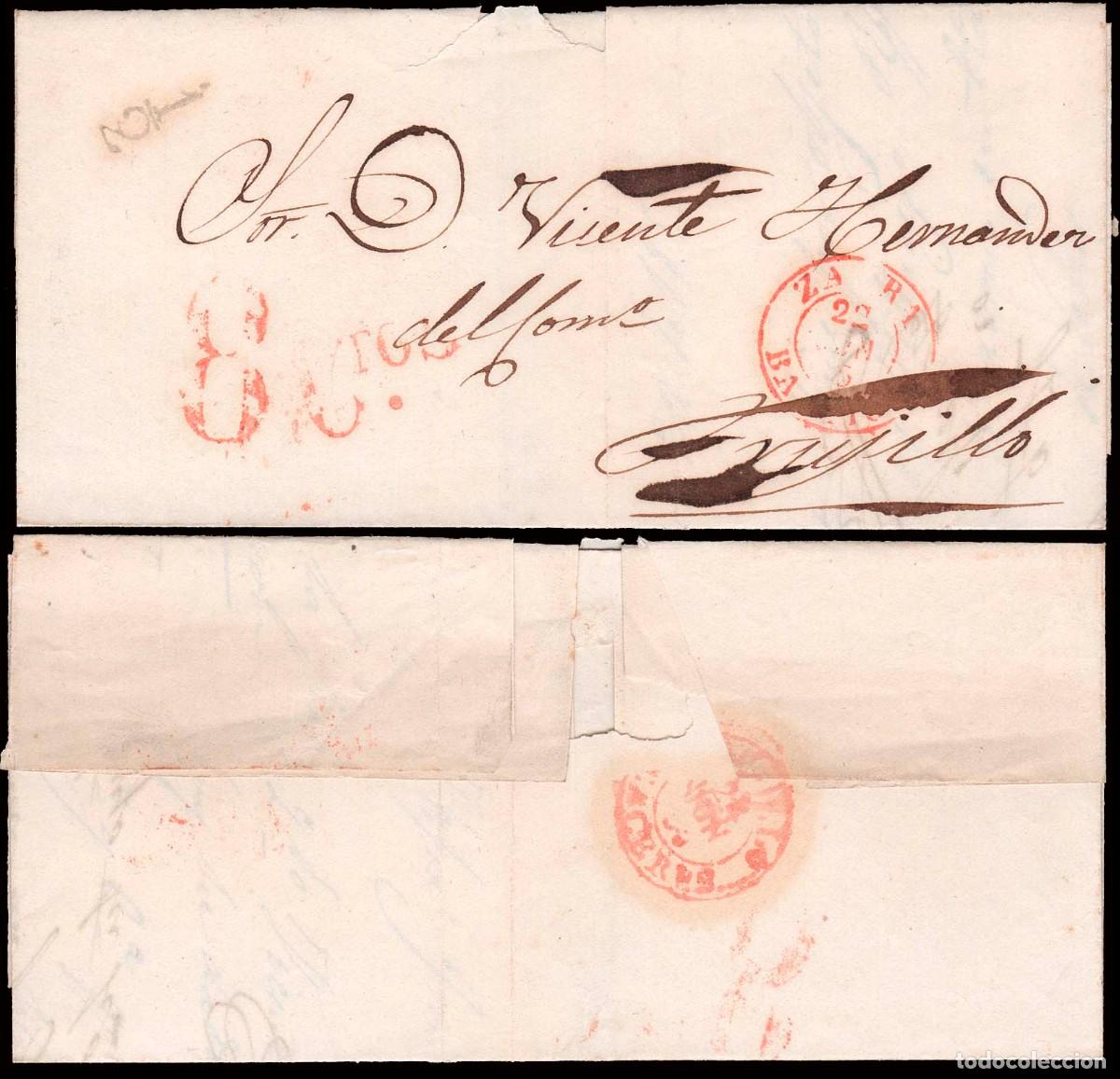 Sellos: Badajoz - 1856 - Carta Mat Fech. Tp. I rojo &rdquo;Zafra&rdquo; + porteo &rdquo;8 ctos.&rdquo; + &rdquo;1/2&rdquo; a Trujillo