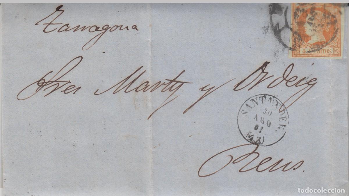 Sellos: 1861 - NUM. 52 - CARTA DE SANTANDER A REUS -RUEDA DE CARRETA Y FECHADOR ------VER DORSO -----