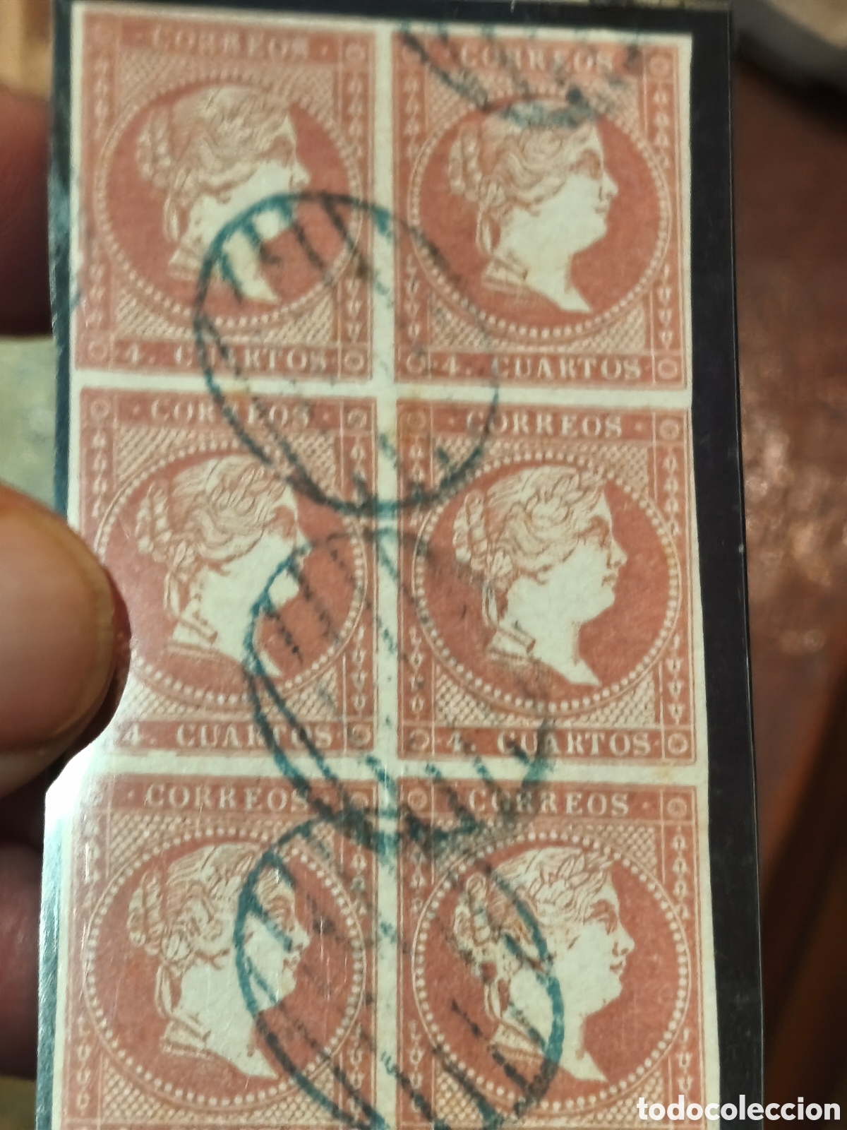 Sellos: Bloque de 6 sellos cl&aacute;sicos usados parrilla azul n 48 ,ver 4 c. Rojo