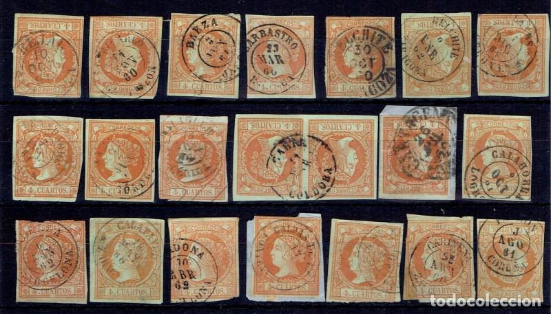 Sellos: FA5432. Emision de 1860. Conjunto de 21 valores de 4 cuartos con fechadores de diversas procedencias