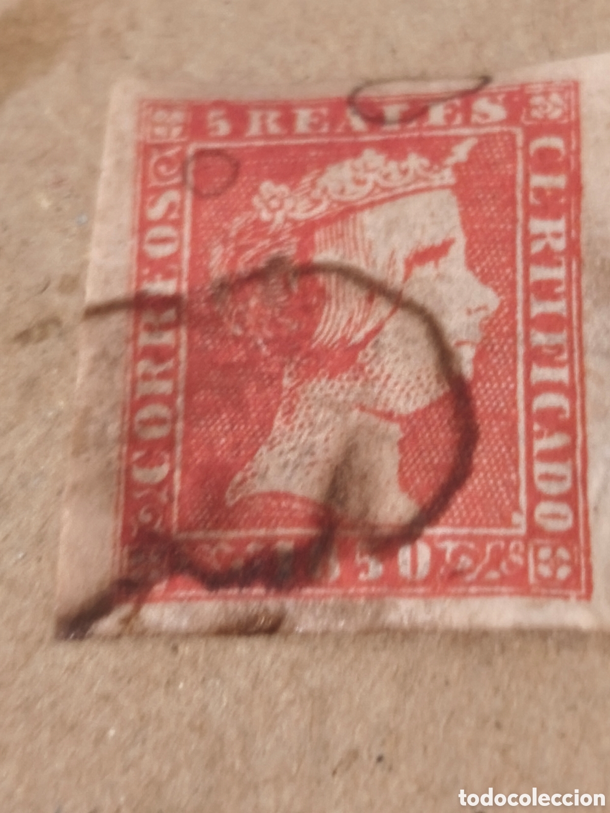 Sellos: Sello cl&aacute;sico de Espa&ntilde;a nb3 nuevo con goma** manchas del tiempo 5 reales rojo ver