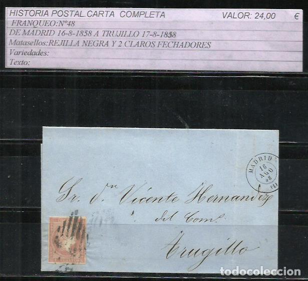 Sellos: L14-CARTA COMPLETA DE MADRID 16-8-1858 A TRUJILLO C&Aacute;CERES 17-8-1858 MATASELLOS REJILLA NEGRA + 2 FEC