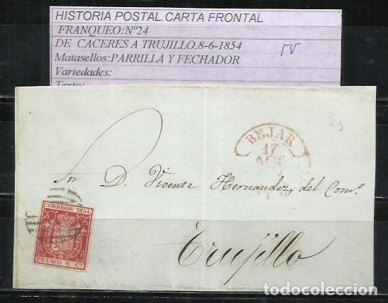 Sellos: L14C-CARTA FRONTAL SELLO N&ordm;24 BEJAR SALAMANCA-TRUJILLO 8-6-1854 MATASELLOS PARRILLA Y FECHADOR