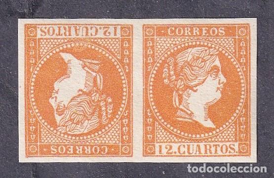 Sellos: edifil NE1A ** MNH 1859 2&ordf; Tirada - 12 cuartos naranja - muy rara pareja capicua - LUJO.