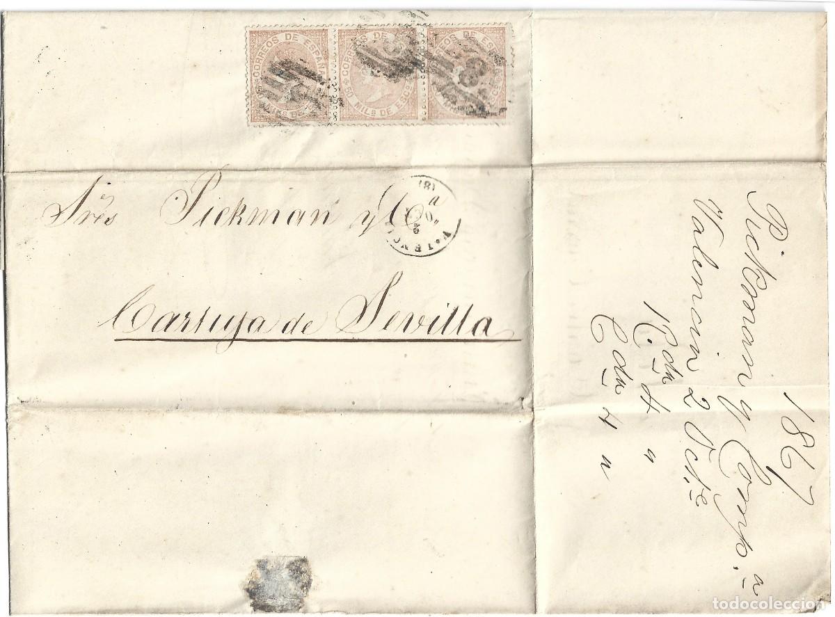 Sellos: 1867 carta texto Valencia a Sevilla Franqueo triple 50ml. (x3) Isabel II 1867