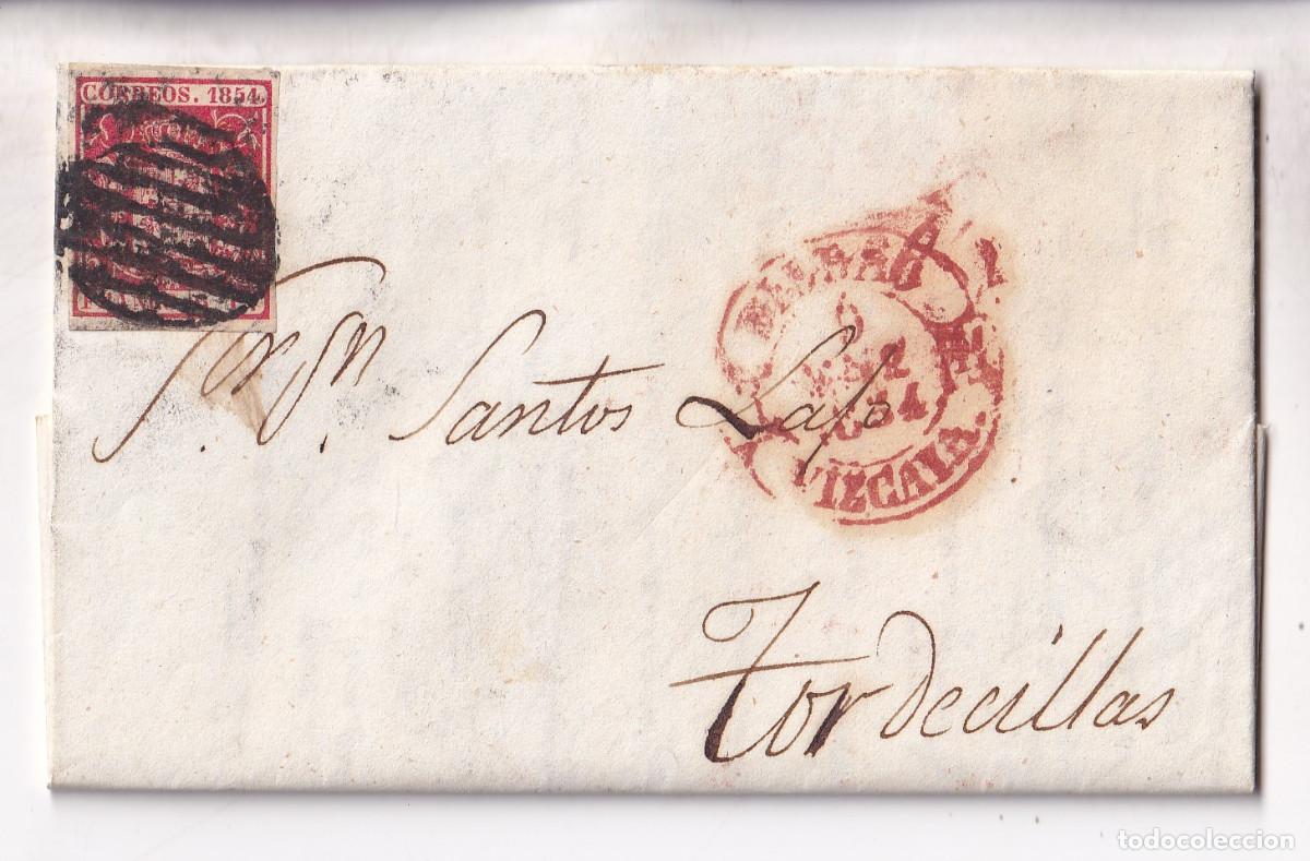 Sellos: CARTA ENTERA. BILBAO. 1854. PA&Iacute;S VASCO A TORDESILLA, VALLADOLID. PRECIOSA LLEGADA