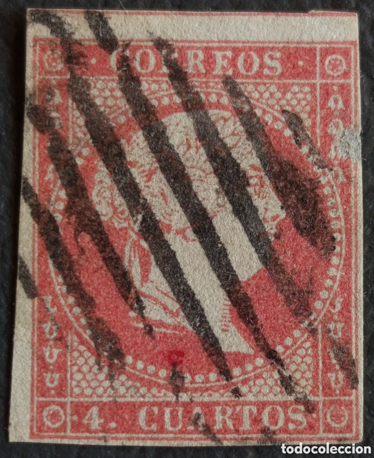 Sellos: Sello Espa&ntilde;a 1856 - Isabel II - 4 Cuartos Rojo - Edifil N&ordm; 48 Usado Parrilla