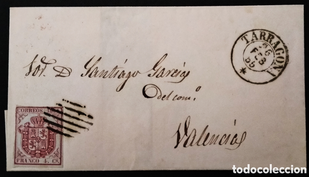 Sellos: ESPA&Ntilde;A (Cat. 33A). 1855. Cubierta de TARRAGONA a VALENCIA. 4 Ctos. Mat. REJILLA PEQUE&Ntilde;A de TARRAGONA