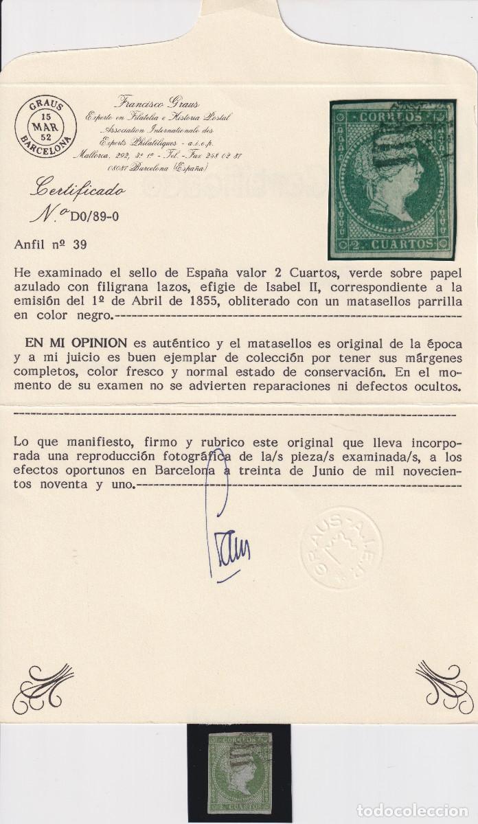 Sellos: ESPA&Ntilde;A - ISABEL II N&ordm; 39 - A&Ntilde;O 1855 - CERTIFICADO GRAUS