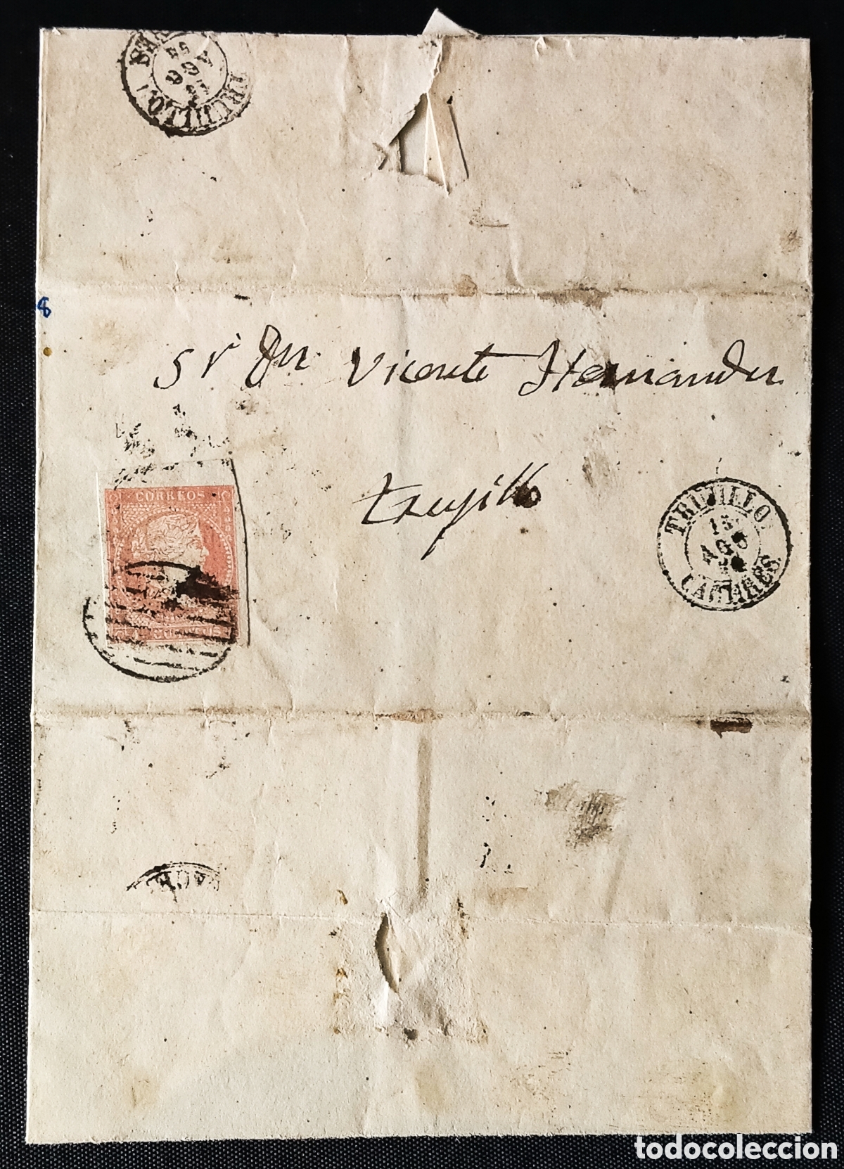 Sellos: ESPA&Ntilde;A. (Cat. 48). 1858. Cubierta CORREO INTERIOR de TRUJILLO (C&aacute;ceres). Franq. 4 CUARTOS. RRR