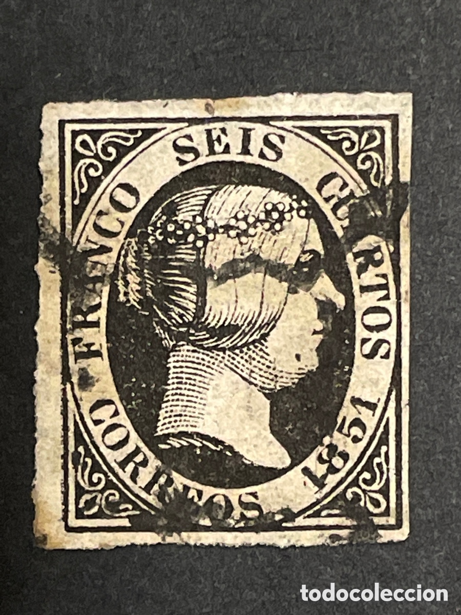 Sellos: Edifil 6 Isabel II, 6 cuartos, usado, matasellos de ara&ntilde;a