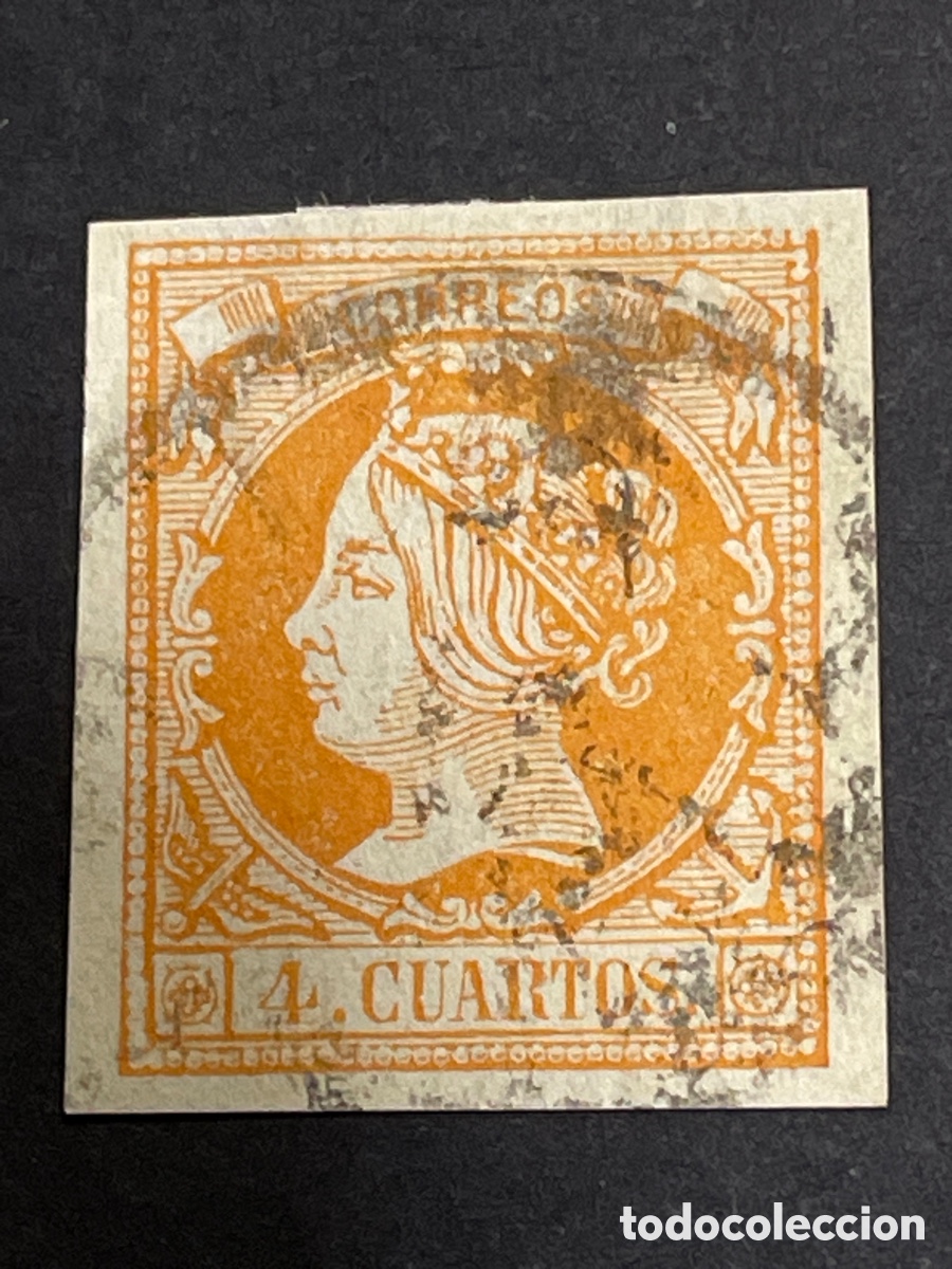 Sellos: Edifil 52 Isabel II 4 cuartos de 1860, usado, selo de LUJO