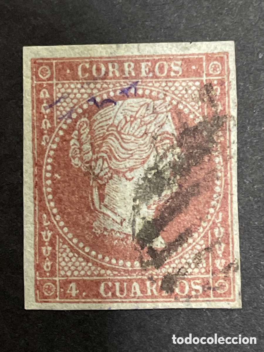 Sellos: Edifil 40 Isabel II 4 cuartos papel azulado con filigrana lazos, usado, buenos m&aacute;rgenes