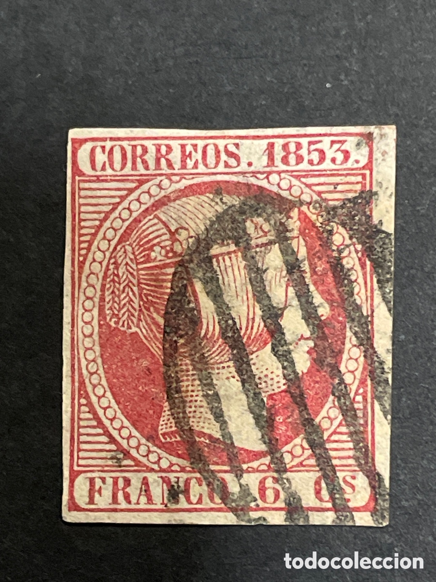 Sellos: Edifil 17 Isabel II a&ntilde;o 1853 6 cuartos, matasello parrilla