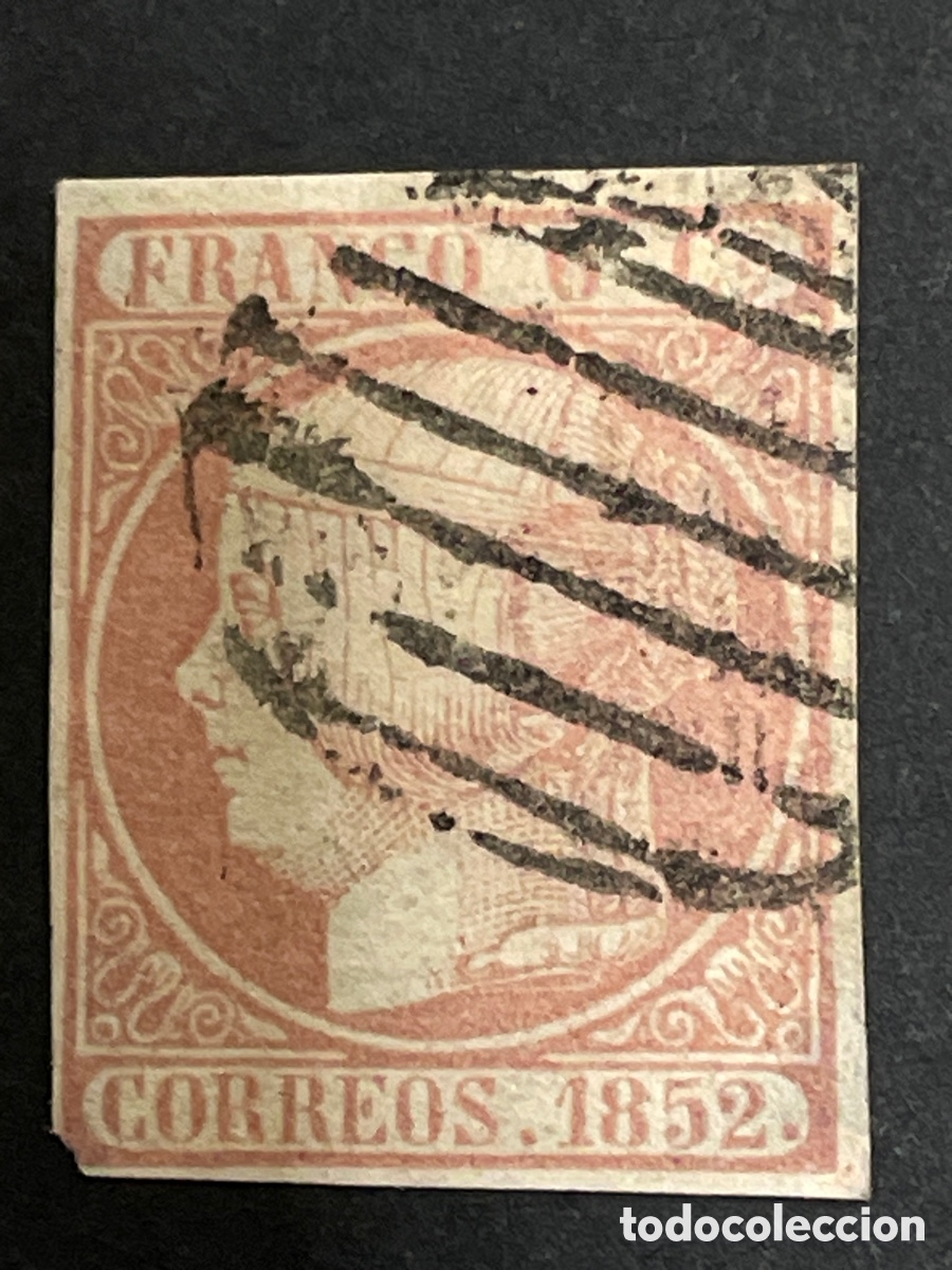 Sellos: Edifil 12 Isabel II a&ntilde;o 1852, 6 cuartos, matasellos parrilla