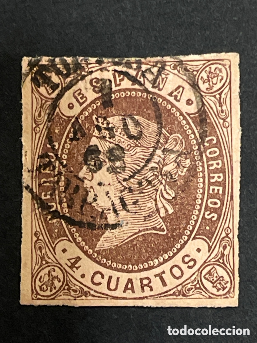 Sellos: Edifil 58 Isabel II a&ntilde;o 1862 4 cuartos fechador TORTOSA