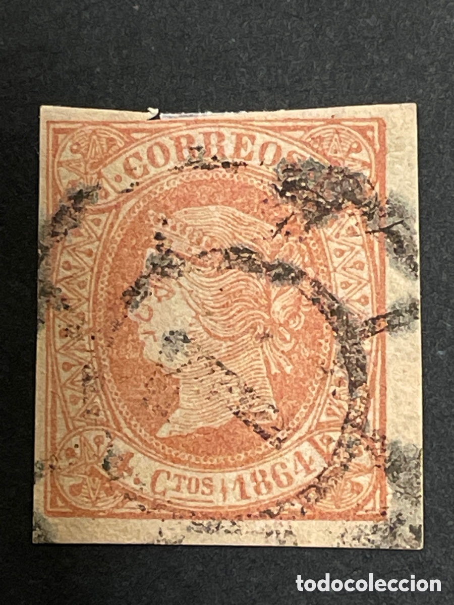 Sellos: Edifil 64 Isabel II a&ntilde;o 1864 4 cuartos matasello rueda carreta 7 SEVILLA