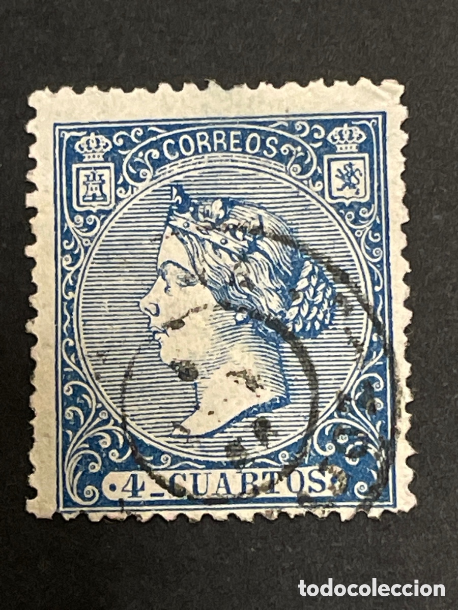 Sellos: Edifil 81 Isabel II A&ntilde;o 1866 4 cuartos fechador BADAJOZ