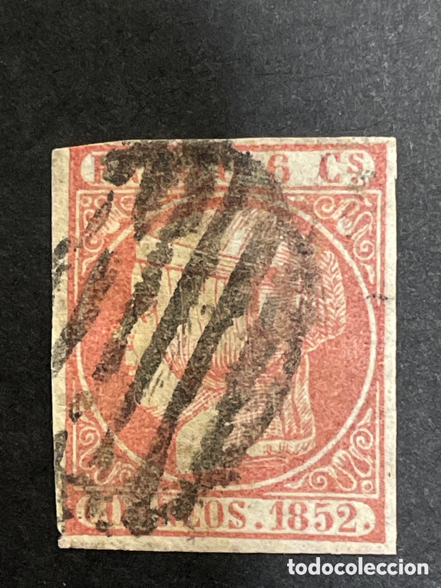 Sellos: Edifil 12 Isabel II a&ntilde;o 1852 6 cuartos rosa , matasellos parrilla